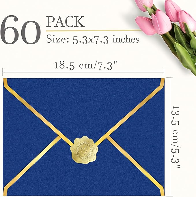 60 Pack Gold Envelopes 5x7 Royal Blue, 250G Pearled Cardstock A7 Envelopes for Invitations Business Mailing Envelope with Gold Foil Border, A6 4x6 Envelopes for Wedding Baby Shower Cards