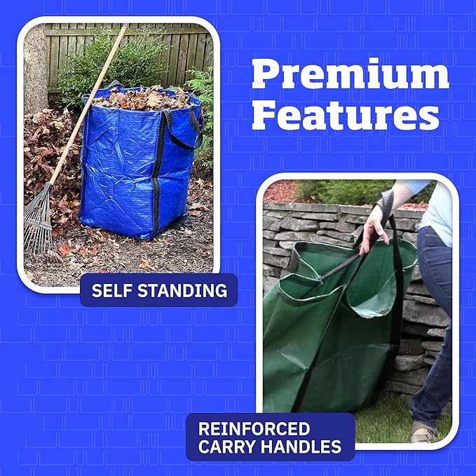 DURASACK Heavy Duty Home and Yard Bags 48-Gallon Reusable Self-Standing Lawn and Leaf Bags Garbage Can with Reinforced Handles, Blue, 3 Pack