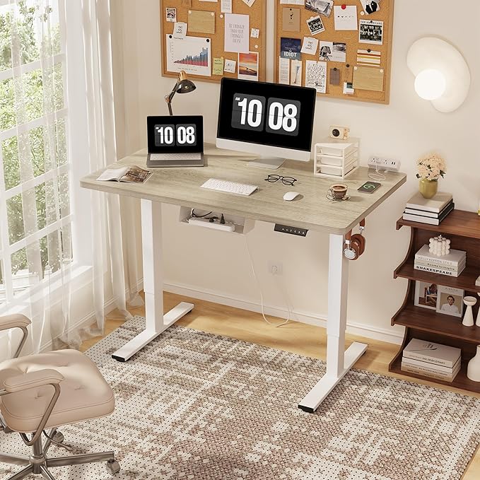 FLEXISPOT EN2 Whole-Piece Standing Desk with Clamp Power Strip, 40 x 24 Electric Stand Up Height Adjustable Desk with Cable Management (White Frame + 40" White Wood Grain Desktop)