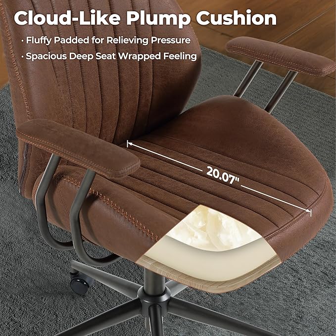 ovios Ergonomic Home Office Chair, Mid-Century Modern Faux Leather Chairs with Padded Armrests, Comfy High Back Swivel Rolling Executive Computer Armchair (Dark Brown, Suede Leather)