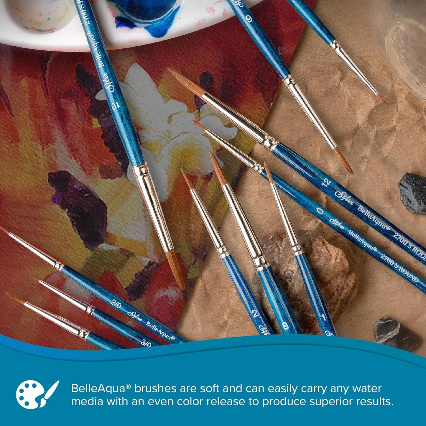 Silver Brush Limited BA-2704S BelleAqua Cats Tongue Pro Watercolor Brush Set, 3pc Professional Soft Synthetic Red Sable Short Handle Size 4 & 8 Cats Tongue, and a Size 4 Round Paint Brush