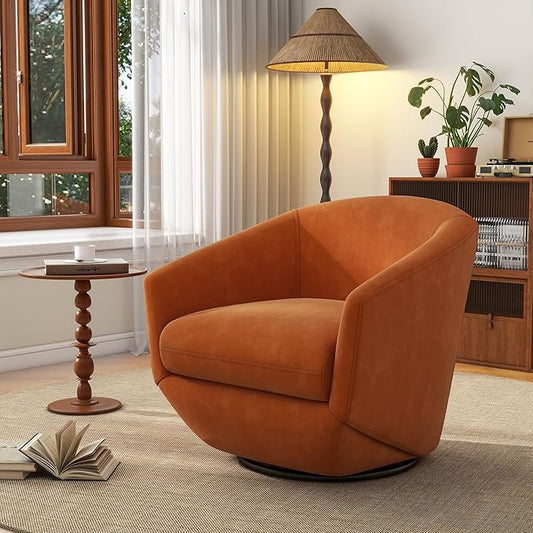 UIXE 360° Swivel Barrel Accent Chair, Velvet Upholstered Club Armchair for Living Room, Modern Round Arm Chair Single Sofa Bedroom Reading Seating (Orange)
