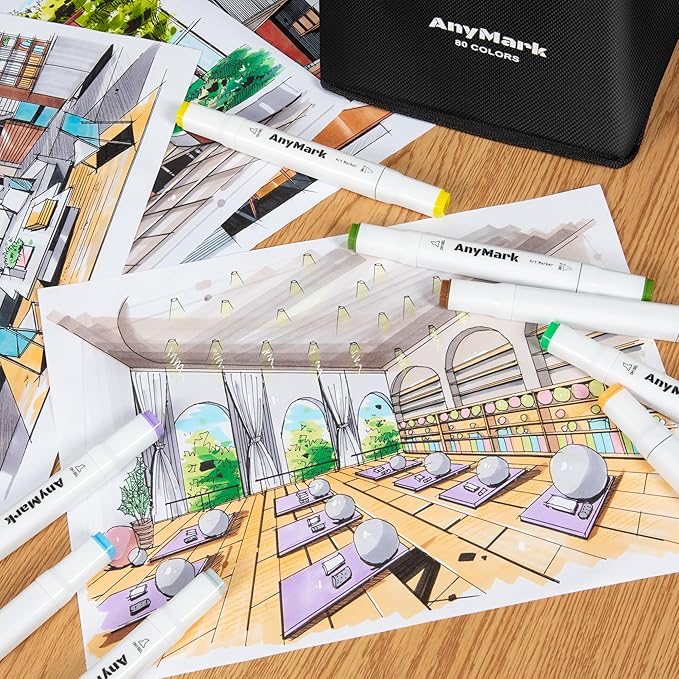 AnyMark Alcohol Markers, 80 Colors Dual Tip Art Coloring Markers Set for Kids Adult Book Drawing Sketching Painting, Chisel & Fine, White Penholder