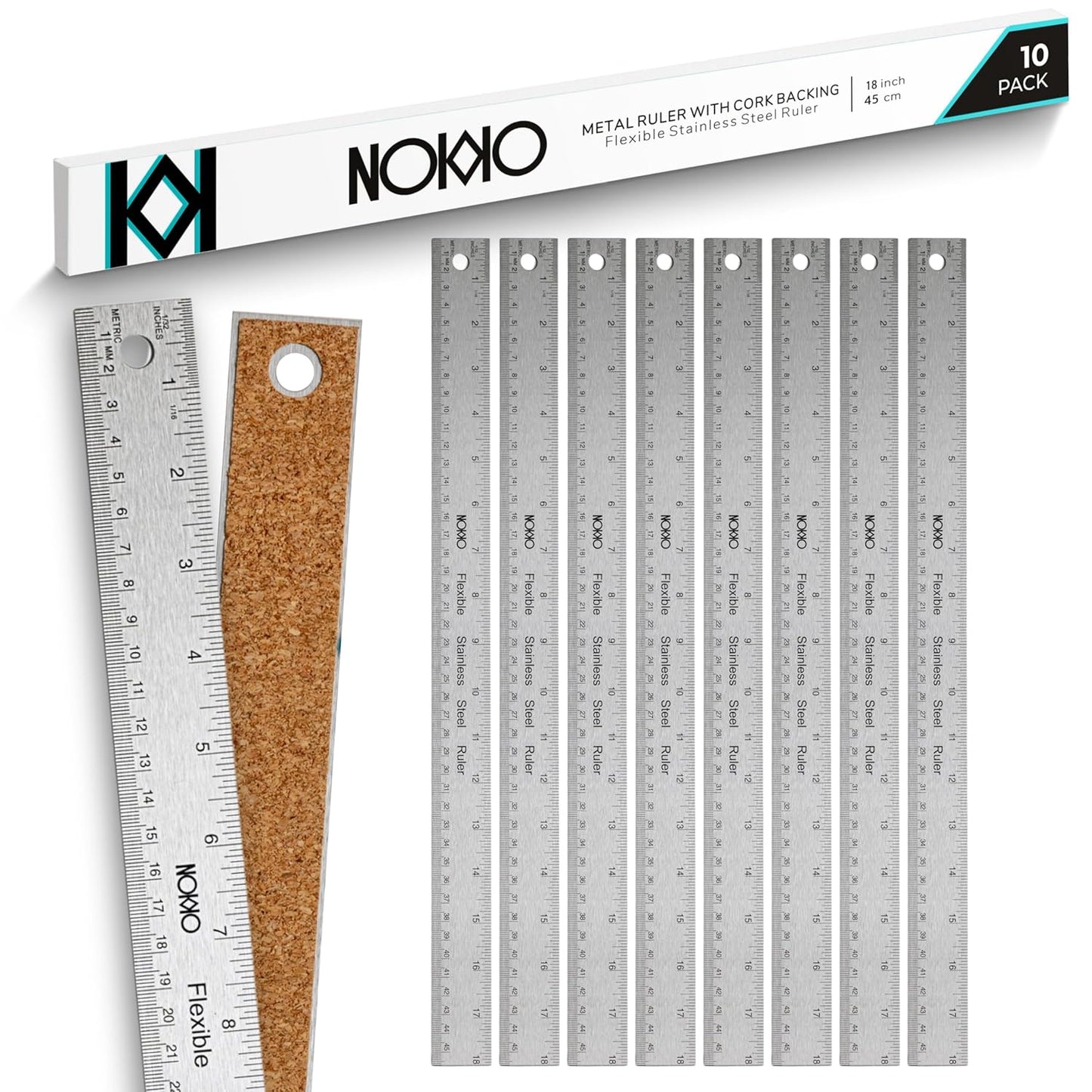 NOKKO 18 Inch Metal Ruler with Cork Backing, Pack of 10 - Flexible Stainless Steel Straight Edge Ruler with Inches and Centimeters, Non-Slip Backing for Precision and Stability