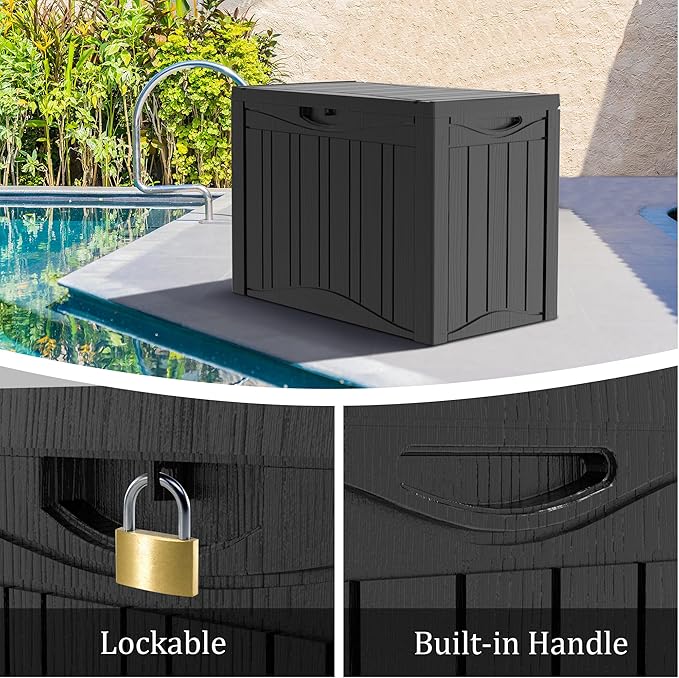 50 Gallon Lockable Resin Deck Box, Waterproof & UV-Resistant Outdoor Storage Box for Outdoor Cushion Storage, Garden Tools & Pool Accessories Storage, Black