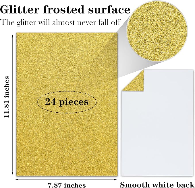 24 Sheets Gold Glitter Cardstock Paper, A4 Premium Sparkly Paper for Scrapbook, DIY Projects, Party Decoration, Gift Box Wrapping 250GSM/92lb