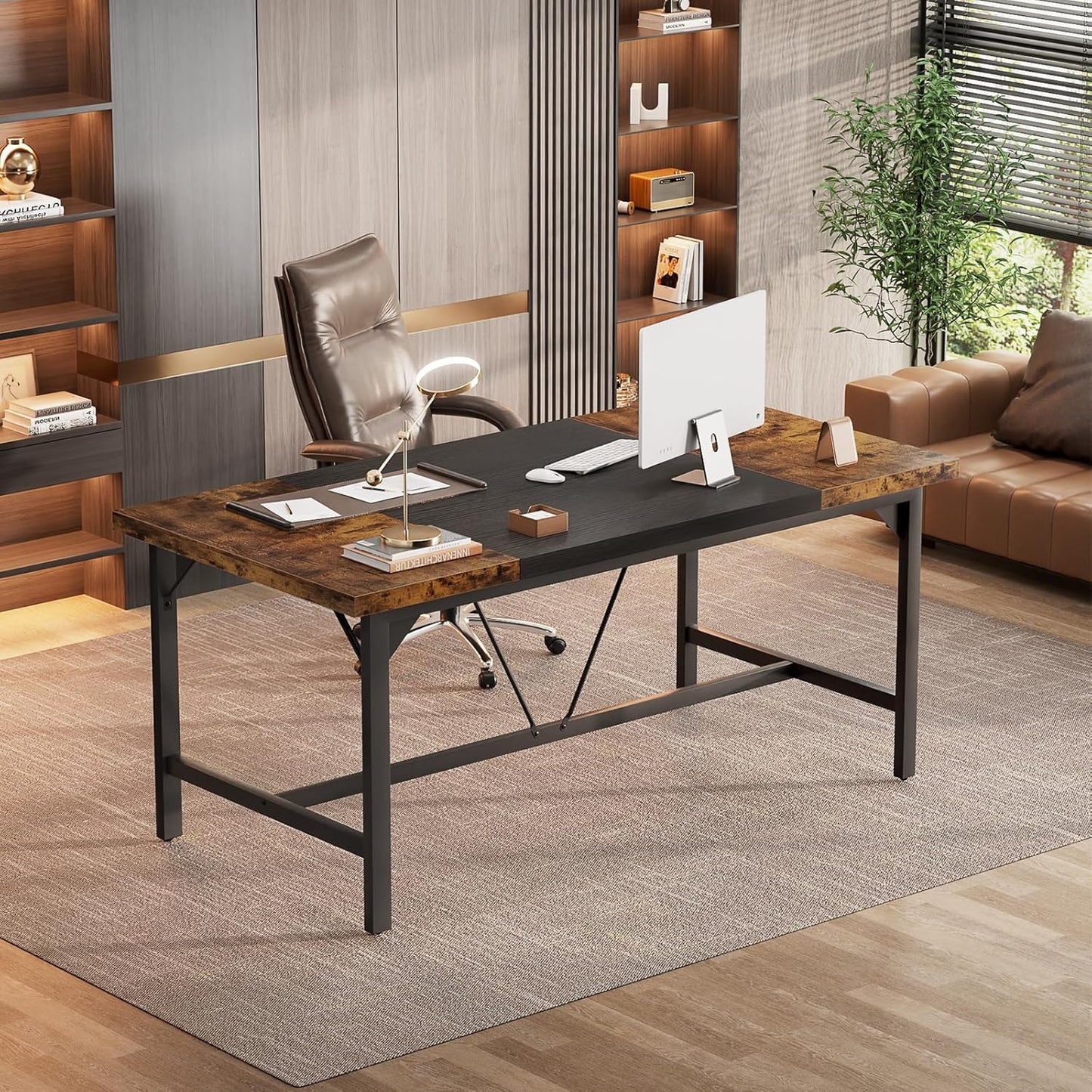 Unikito Large Computer Desk, 63 x 31.5 Inch Long Office Desks, Premium Sturdy 2 Person Desk, 1.4” Thick Study Writing Table, Modern Laptop Computer Table for Home Office Workstation, Rustic Brown