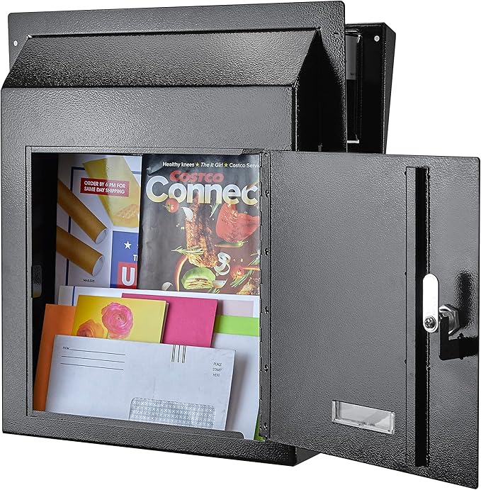Rainproof Through The Door Key Drop Box, Galvanized Steel Heavy Duty Mailbox Safe Deposit Box, Locked Mail Drop Box with Combination Lock for Key and Payment, Black Mailbox
