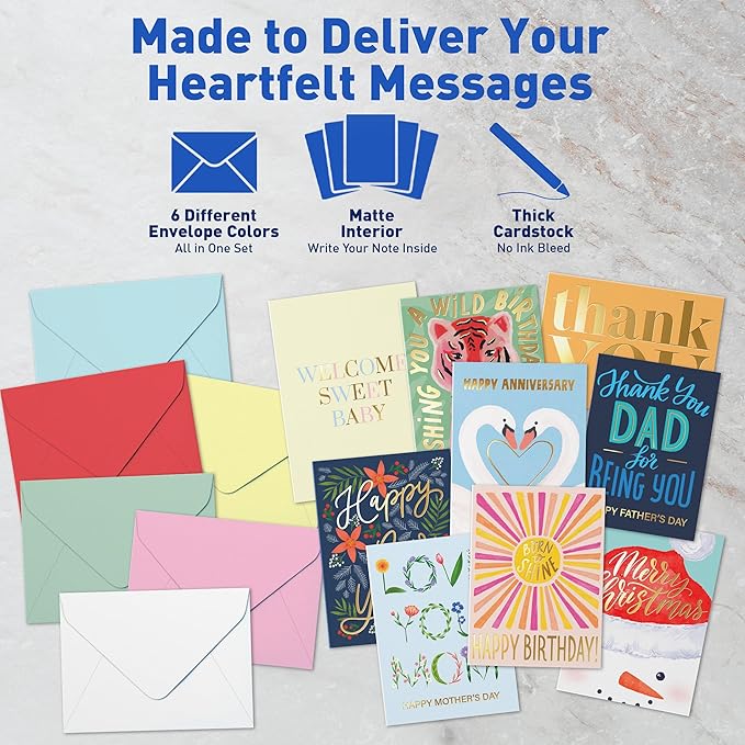 S&O 100 Assorted Cards for All Occasions Box Set - All Occasion Cards Assortment Box with Envelopes - Stylish Greeting Card Decor - 4.25x5.75”