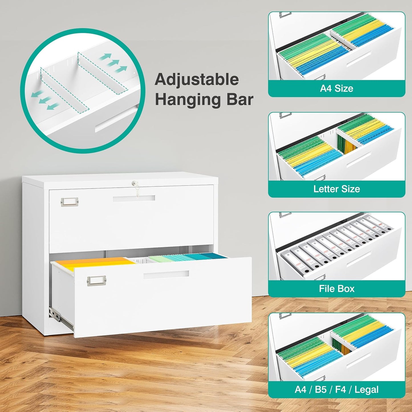 2 Drawer Lateral File Cabinet with Lock,White Lateral Filing Cabinet,Horizontal Metal Filing Cabinets,Locked Wide File Cabinets for Office Home,Fit A4/F4/Letter/Legal File,-Assembly Required