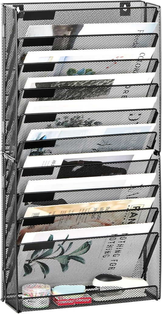 EasyPAG 11 Tier Wall File Holder with Flat Tray, Black | Easy Assemble Mesh Desk File Organizer | 10-Folder Paper Storage | Replaceable Classify Labels | Space Saving Mail Organizer for Office Home