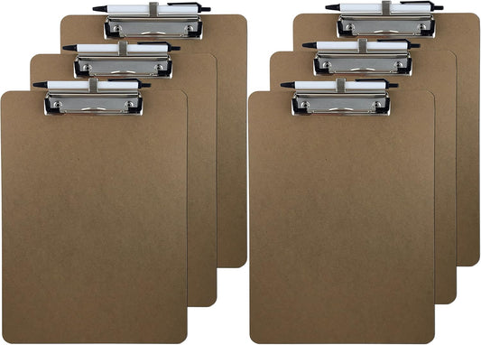 Pen Holder Clipboard, Letter Size, Low Profile Clip, Hardboard, 6-Pack (Pen Included)