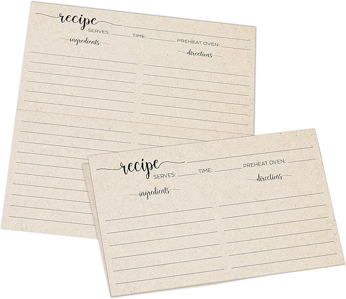 321Done Folding Recipe Cards (Set of 50) Folds to 3x5 from 6x5 - Rustic Kraft Tan Minimalist - Retro Vintage Luxury Double-Sided - Made in USA