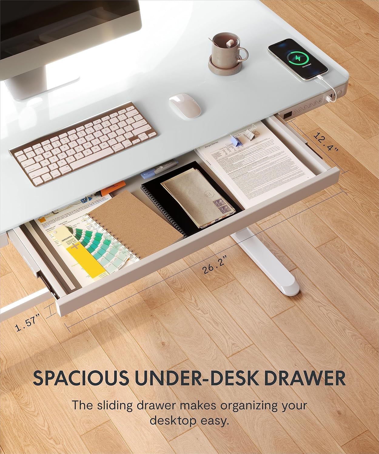 SANODESK Standing Desk with Drawer, Electric Height Adjustable Home Office Desk with Storage & USB Ports, 48 inch Tempered Glass Tabletop/White Frame