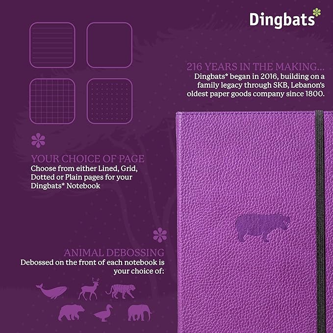 Dingbats* Wildlife Dotted Journal Notebook A5 - Vegan Leather Hard Cover, Ideal for Work, Travel - Pocket, Elastic
