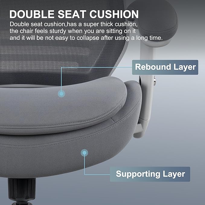 400lbs Double Seat Cushion Office Chair Soft Armrests Executive Ergonomic Computer Desk Chair with Lumbar Support (Grey Frame Grey Fabric)