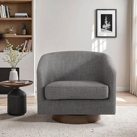 UIXE Swivel Accent Chair with Wood Base, Fabric Upholstered Barrel Chairs for Living Room, Comfy Round Armchair Single Sofa Bedroom Reading Seat - 31" W, Gray