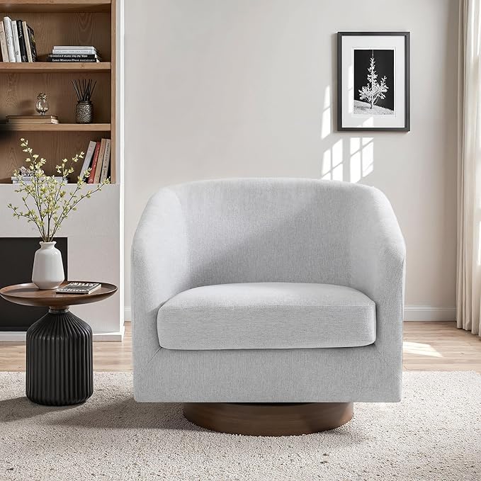 UIXE Swivel Accent Chair with Wood Base, Chenille Upholstered Barrel Chairs for Living Room, Comfy Round Armchair Single Sofa Bedroom Reading Seat - 31" W, Beige