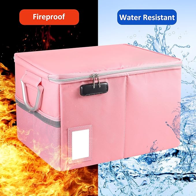 Fireproof Document Box File Organizer Box, Fireproof File Cabinet Box Storage Filing Cabinet Box with Lock, Portable Office Safe Box for Hanging Letter/Legal Folder 16.1 x 12.9 x 11in (Pink)