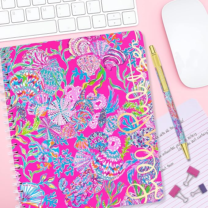 Lilly Pulitzer Large Pink Hardcover Spiral Notebook, 11" x 9.5" with 160 College Ruled Pages, Shell Me Something Good