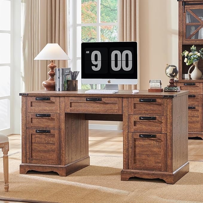 RedLemon 60" Farmhouse Executive Desk with Drawers, Wood Home Office Desk w/Charging Station, Keyboard Tray, File Drawer, Storage Cabinet, Rustic Computer Writing Desk (Reclaimed Barnwood)