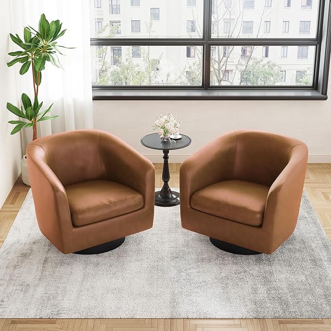 UIXE Faux Leather Swivel Accent Chairs Set of 2, Modern Upholstered Barrel Chairs for Living Room, Comfy Round Armchair Single Sofa Bedroom Reading Seat - 31" W, Brown
