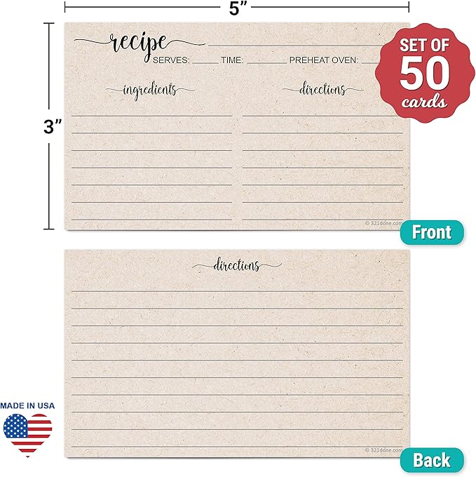 321Done Small Rustic Recipe Cards (Set of 50) 3" x 5" Minimalist Kraft Tan - Thick Luxury Double-Sided - Made in USA