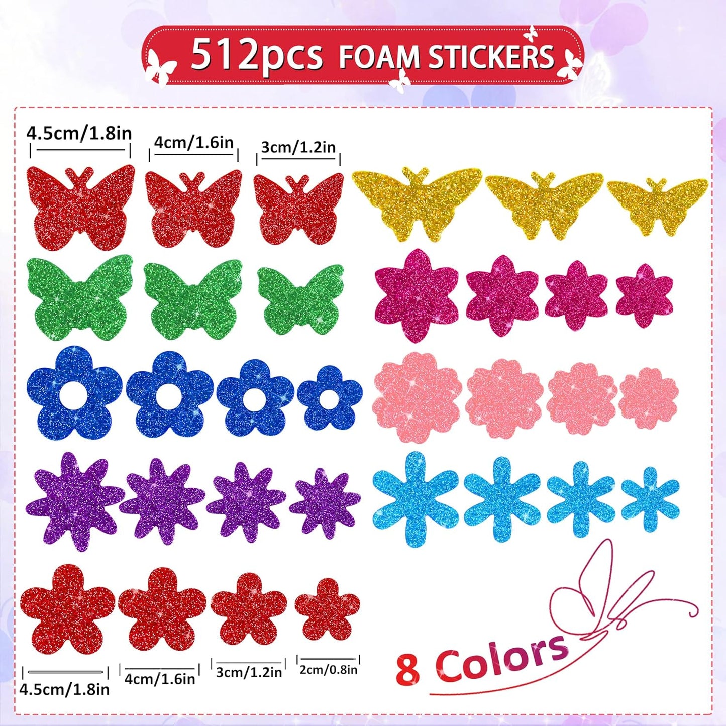 512 PCS Foam Stickers Glitter Colorful Flower and Butterfly Shapes Self Adhesive Stickers for Kids Crafts Arts Party Supplies Scrapbooking DIY Greeting Card Envelopes Home Decor(Flower & Butterfly)