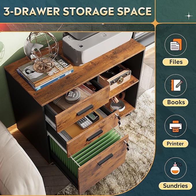 DEVAISE 3-Drawer Wood File Cabinet with Lock, Mobile Lateral Filing Cabinet, Printer Stand with Open Storage Shelves for Home Office, Rustic Brown