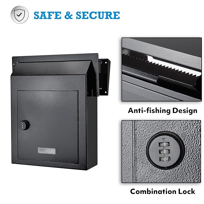 Rainproof Through The Door Key Drop Box, Galvanized Steel Heavy Duty Mailbox Safe Deposit Box, Locked Mail Drop Box with Combination Lock for Key and Payment, Black Mailbox