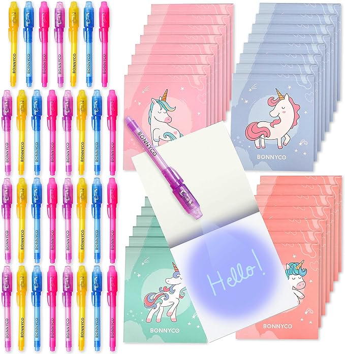BONNYCO Invisible Ink Pen and Notebook Pack 32 Unicorn Party Favors for Kids, Magic Spy Pen Goodie Bags Stuffers for Kids, Unicorn Birthday Party Supplies, Goody Bag Stuffers | Return Gifts Prizes