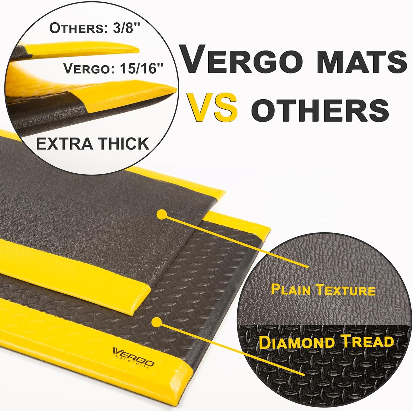 Vergo Industrial 15/16” Extra Thick Anti Fatigue Mat - Heavy Duty Commercial Grade Diamond Plate Ergonomic Standing, Non-Slip Black with Yellow Anti Fatigue Floor Mat for Work, Shop (2-Pack 2' x 3')
