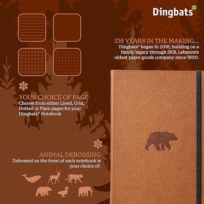 Dingbats* Wildlife Plain Journal Notebook A5 - Vegan Leather Hard Cover, Ideal for Work, Travel - Pocket, Elastic Closure, Bookmark