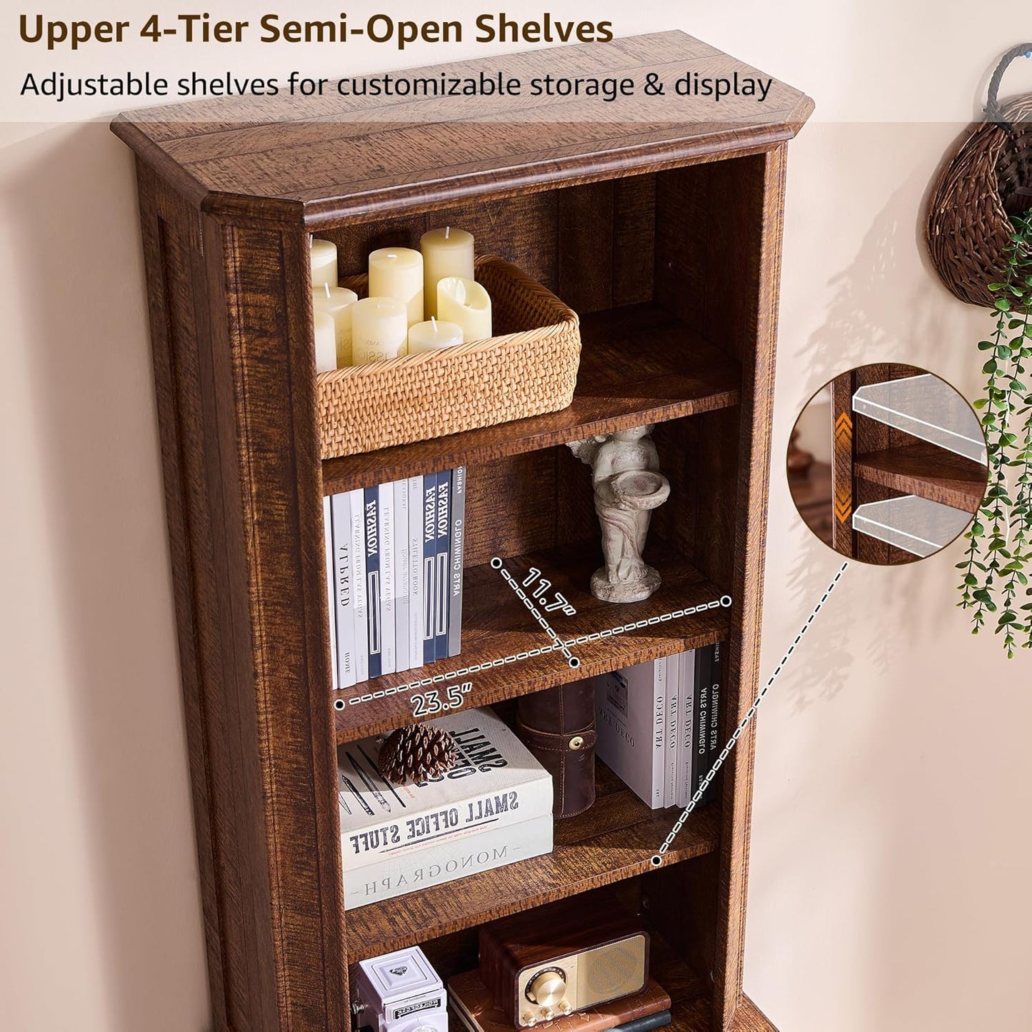 T4TREAM 6-Tier Bookshelf with Storage, 72" Tall Farmhouse Bookcase with Doors and Adjustable Shelves, Wooden Floor Standing Display Book Shelf Organizer for Home Office, Reclaimed Barnwood