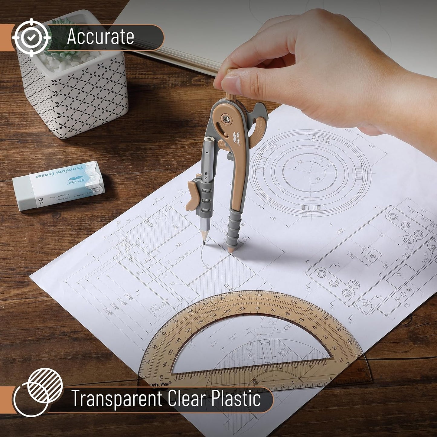 Mr. Pen- Compass and Protractor Set, Dwarf Pony Brown, Compass Geometry Tool, Protractor and Compass Set, Compass Drawing Tool, Drawing Compass, Geometry Compass, Math Compass for Geometry
