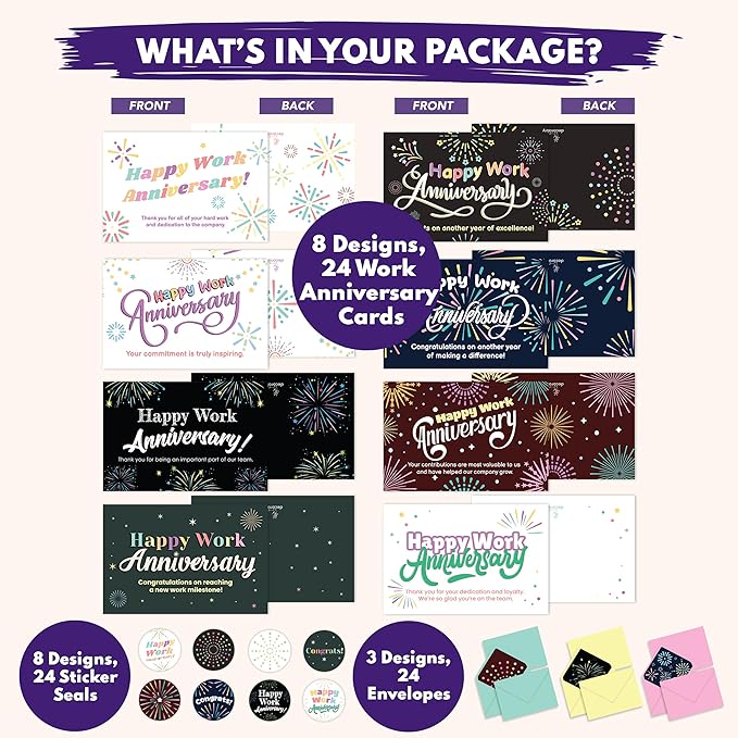 Decorably 24 Pack 6x4in Happy Work Anniversary Cards for Employees with Envelopes & Stickers, 8 Fireworks Designs Employee Anniversary Cards, Blank Inside