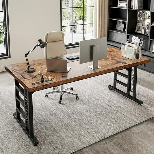 Coleshome 71 Inch Executive Desk with USB Ports, Large Computer Desk with Extra Thick, Long Mordern Office Desk, Workstation Business Furniture for Home Office, Vintage