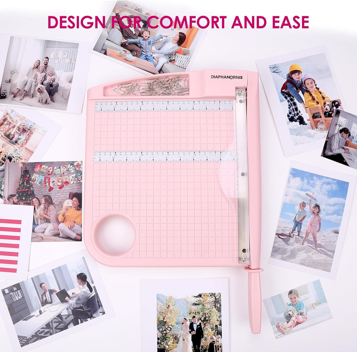 Paper Cutter Trimmer for Office&Crafts, Heavy Duty Guillotine Paper Trimmer with Portable Base Design/Safety Protection and Blade Lock, Paper Cutter 12 Sheets, Cardstock/Laminate (Pink)