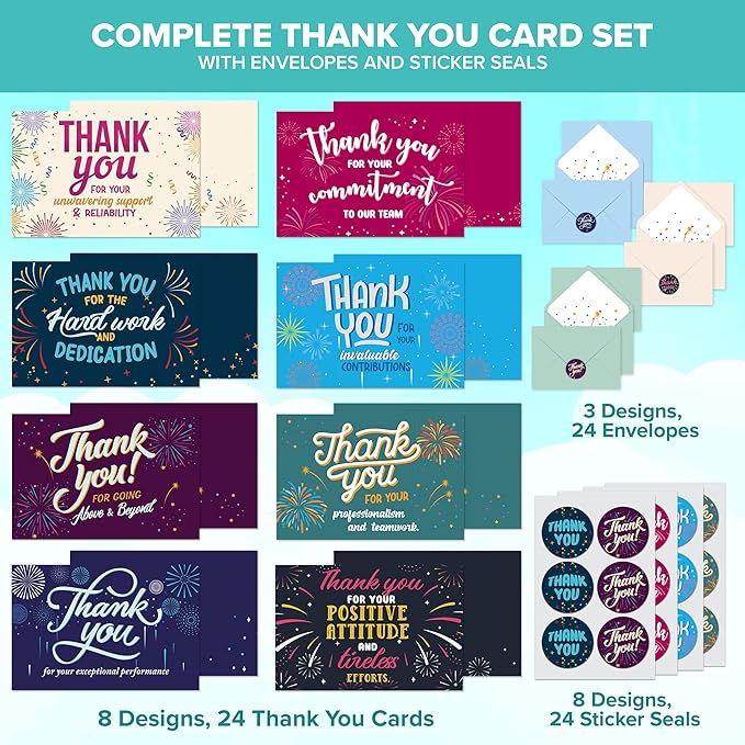 Decorably 24 Pack 6x4in Employee Appreciation Cards with Envelopes and Stickers, 8 Festive Designs Employee Thank You Cards, Blank Inside - Recognition, Promotion, Work Anniversary