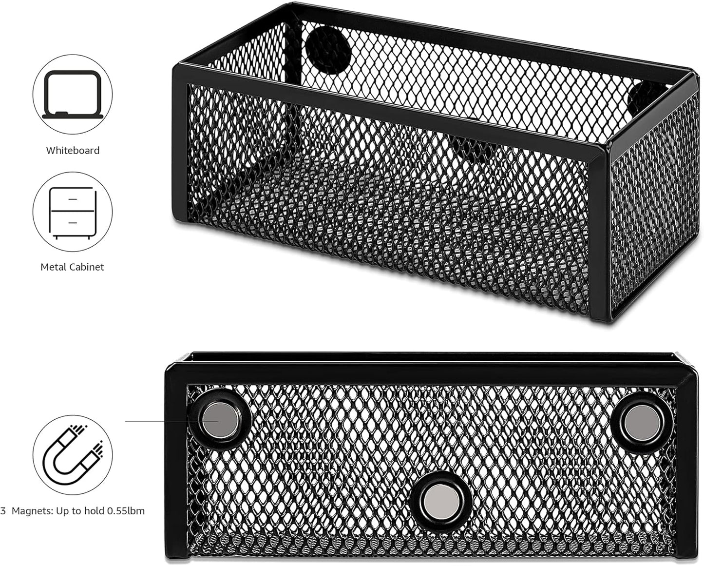 Amazon Basics Magnetic storage Bins, Office Caddy Storage, Black, Pack of 3, 6" x 2.5" x 2.2"