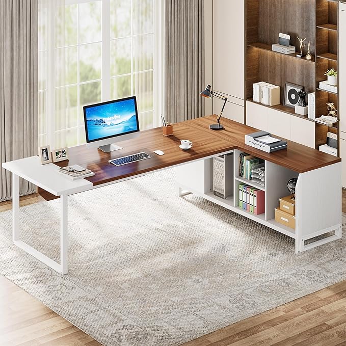 Tribesigns 70.8" L-Shaped Executive Desk with 55" File Cabinet, Large Home Office Computer Desk with Storage Shelves and Cabinet, Modern Business Furniture Set Home Office, Walnut White