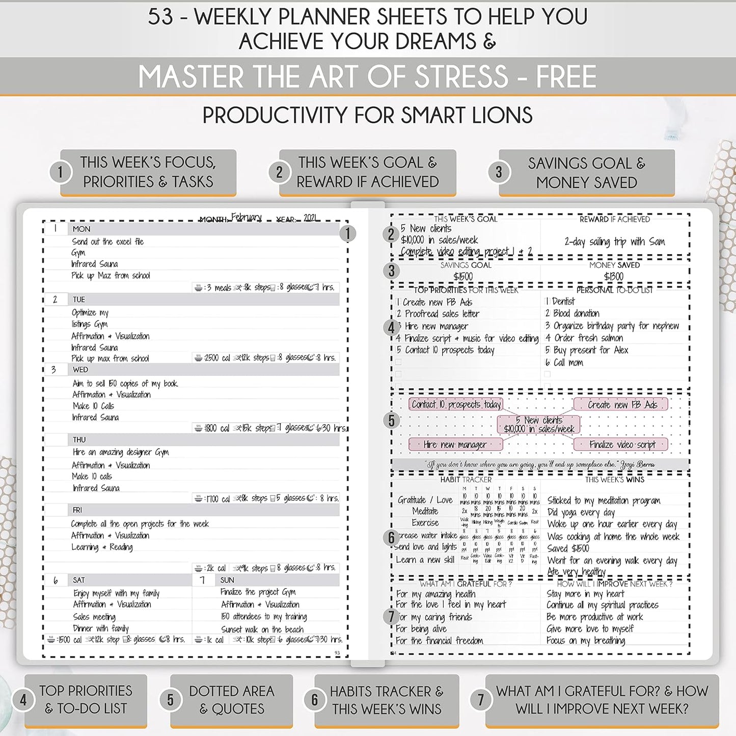 Life Planner - Undated Daily, Weekly & Monthly Planner with Budget Section | A 12 Month Journey to Increase Productivity & Happiness | Life Organizer & Gratitude Journal - Horizontal Format