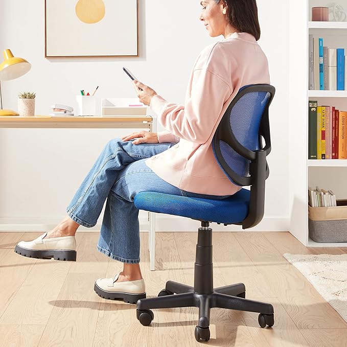 Amazon Basics Rolling Desk Chair, Adjustable, Low Back, Padded Seat, Breathable Mesh, Swivel, Blue, 21.25" D x 22.5" W x 38" H