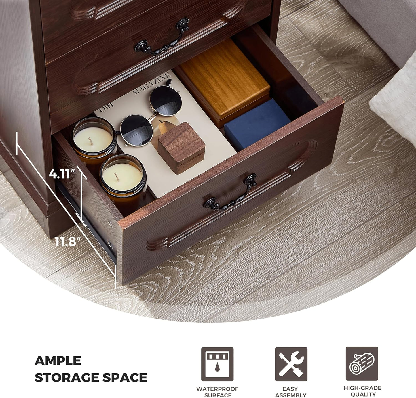 LIDYUK 3 Drawer Dresser for Bedroom Farmhouse Cherry Wood Chest of Drawers Bedroom Dresser with Charging Station, Rustic Small Drawers Dressers Nightstand Wooden Closet Storage Cabinet, Living Room