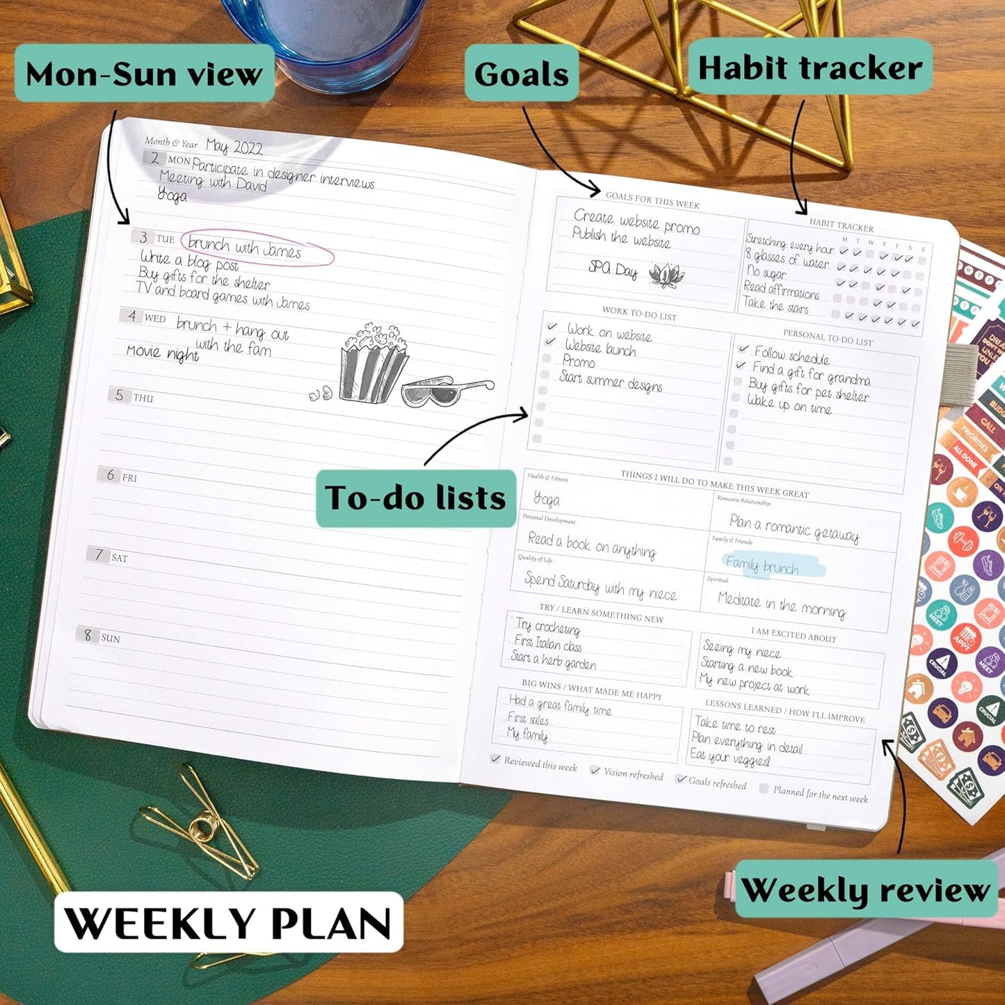 Legend Planner PRO – Deluxe Weekly & Monthly Life Planner to Increase Productivity and Hit Your Goals. Time Management Organizer Notebook – Undated – 7 x 10" Hardcover + Stickers – Seashell