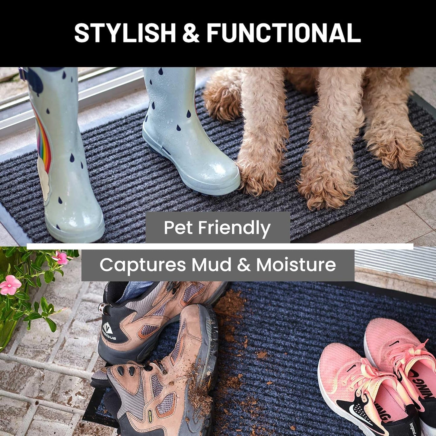 Sierra Concepts Front Door Mat X-Large Welcome Floor Mats - Entryway Indoor Outdoor Entrance Doormat, Patio, Porch, Muddy Dog Shoe, Inside Outside Low Profile 48x36in, 2-Pack Black