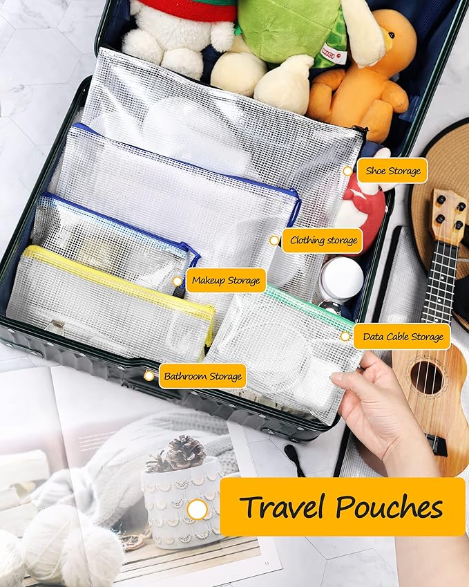 SUNEE Plastic Mesh Zipper Pouch 9x13 in (6 Colors, 18 Packs),Extra Large Water-Resistant Zip Bag for School Office Supplies, Puzzles & Games Organizing Storage