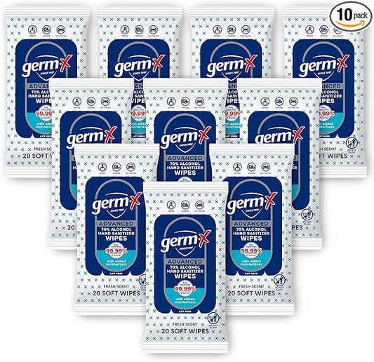Germ-X Advanced Single-Use Hand Sanitizer Wipes, 20 Soft Wipes, Non-Drying Hand Sanitizer, Instant No Rinse Formula, Back to School Supplies, 70% Alcohol-Based Moisturizing Hand Sanitizer (Pack of 10)