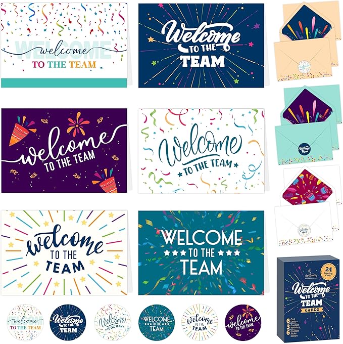 Decorably 24 Pack 6x4in Welcome To The Team Cards with Envelopes and Stickers, 6 Festive Designs Welcome Cards for New Employees, Blank Inside