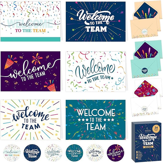 Decorably 24 Pack 6x4in Welcome To The Team Cards with Envelopes and Stickers, 6 Festive Designs Welcome Cards for New Employees, Blank Inside